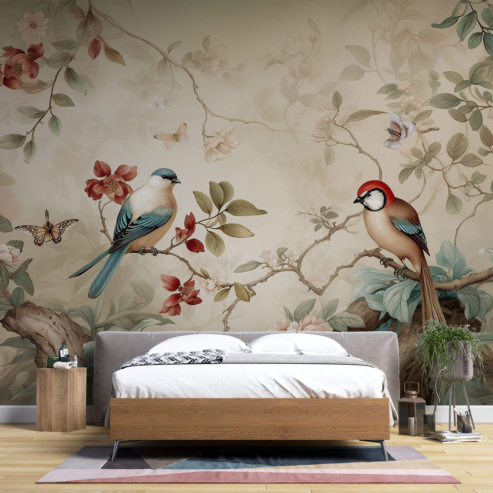 Tapet Zen Oriental cu copac inflorit si pasari intr-un fundal vintage - FEATHERED HARMONY