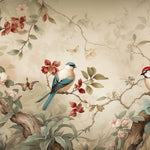 Tapet Zen Oriental cu copac inflorit si pasari intr-un fundal vintage - FEATHERED HARMONY