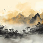 Tapet Zen Oriental cu peisaj montan aflat la apus - SERENE AFTERNOON
