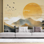 Tapet Zen Oriental cu peisaj montan aflat la apus si pasari pe cer - QUIET SUNSET