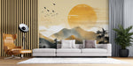 Tapet Zen Oriental cu peisaj montan aflat la apus si pasari pe cer - QUIET SUNSET