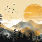 Tapet Zen Oriental cu peisaj montan aflat la apus si pasari pe cer - QUIET SUNSET