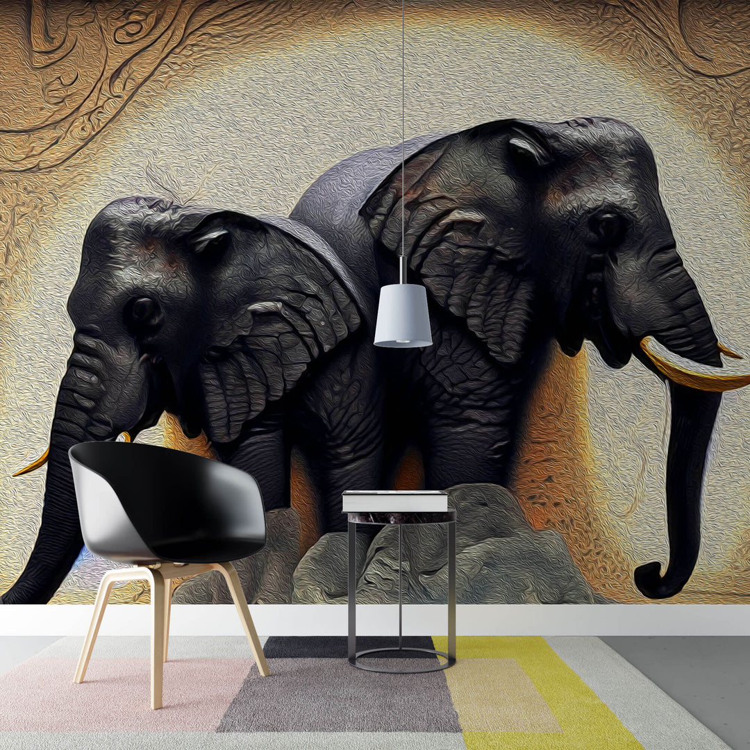 Tapet Zen Oriental cu elefanti ilustrati in textura abstracta - OIL PAINTED ELEPHANTS