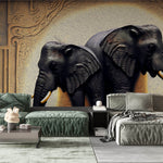 Tapet Zen Oriental cu elefanti ilustrati in textura abstracta - OIL PAINTED ELEPHANTS