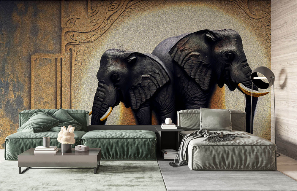 Tapet Zen Oriental cu elefanti ilustrati in textura abstracta - OIL PAINTED ELEPHANTS