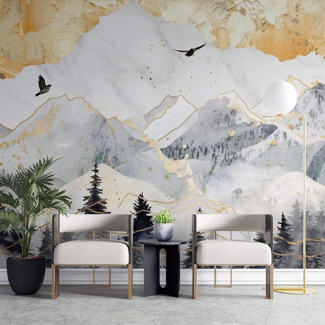 Tapet Zen Oriental cu munti cu insertii aurii - GOLDEN SKY MOUNTAINS