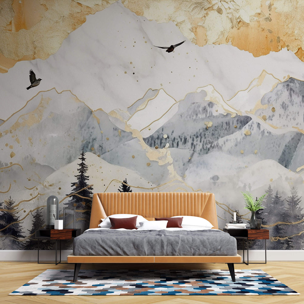 Tapet Zen Oriental cu munti cu insertii aurii - GOLDEN SKY MOUNTAINS