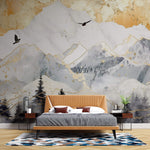Tapet Zen Oriental cu munti cu insertii aurii - GOLDEN SKY MOUNTAINS