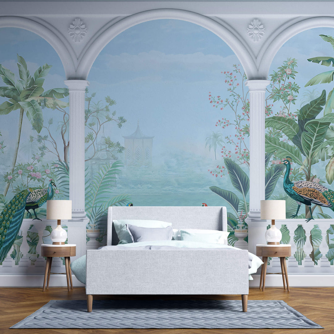 Tapet Zen Oriental cu priveliste spre gradina inflorita si pauni - ORIENTAL VIEW COLUMNS