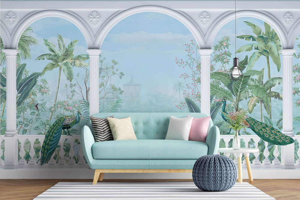 Tapet Zen Oriental cu priveliste spre gradina inflorita si pauni - ORIENTAL VIEW COLUMNS