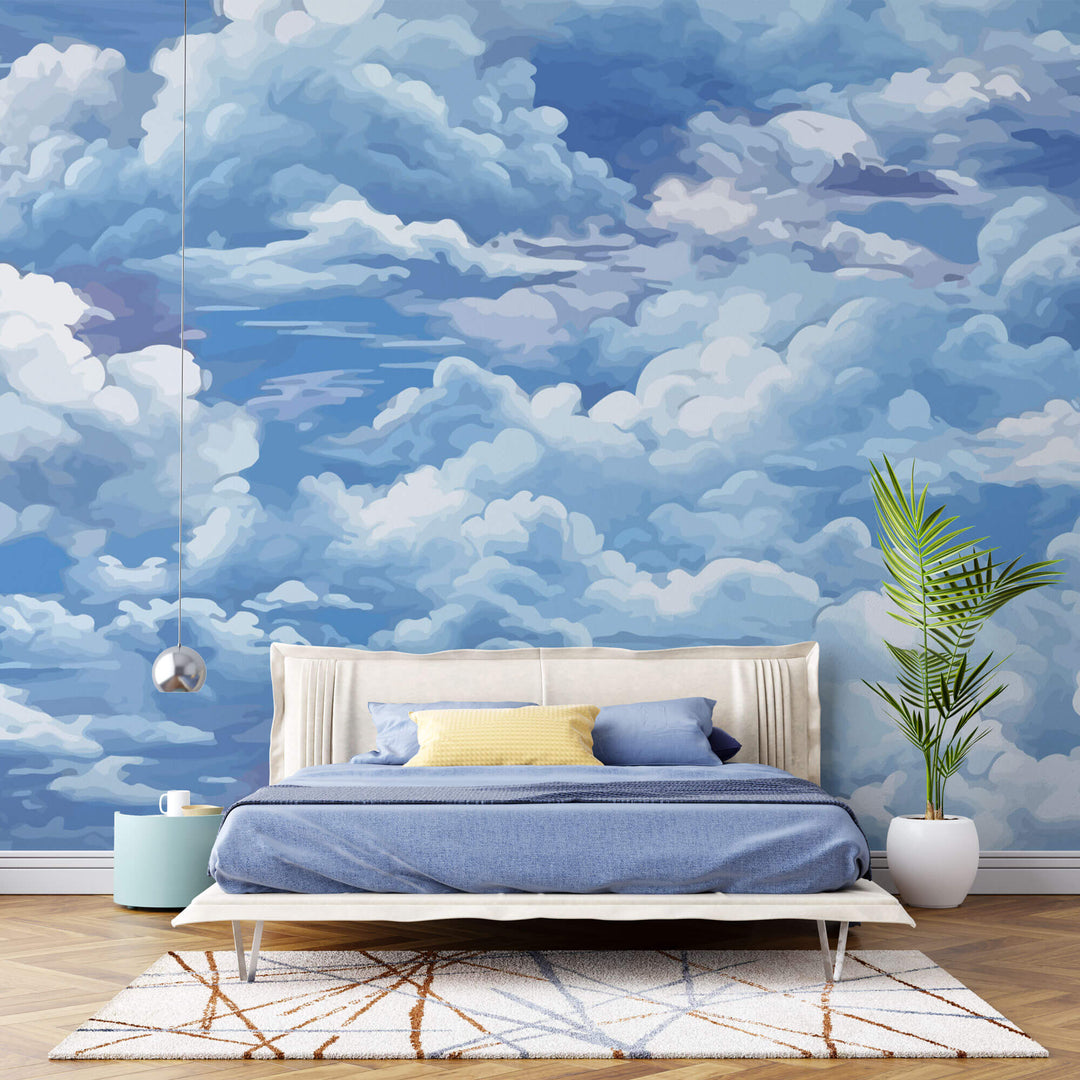 Tapet Zen Oriental cu nori albi pe cerul albastru - SERENE CLOUDS