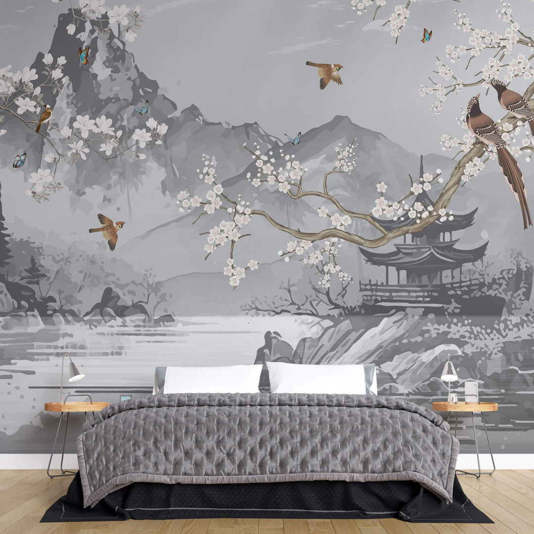 Tapet Zen Oriental cu munti si templu gri si ciresi albi infloriti cu pasari - CHINOISERIE AESTHETIC