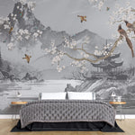 Tapet Zen Oriental cu munti si templu gri si ciresi albi infloriti cu pasari - CHINOISERIE AESTHETIC