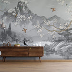 Tapet Zen Oriental cu munti si templu gri si ciresi albi infloriti cu pasari - CHINOISERIE AESTHETIC