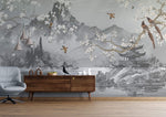Tapet Zen Oriental cu munti si templu gri si ciresi albi infloriti cu pasari - CHINOISERIE AESTHETIC