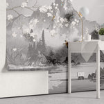 Tapet Zen Oriental cu munti si templu gri si ciresi albi infloriti cu pasari - CHINOISERIE AESTHETIC