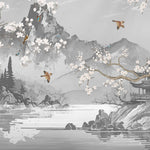 Tapet Zen Oriental cu munti si templu gri si ciresi albi infloriti cu pasari - CHINOISERIE AESTHETIC