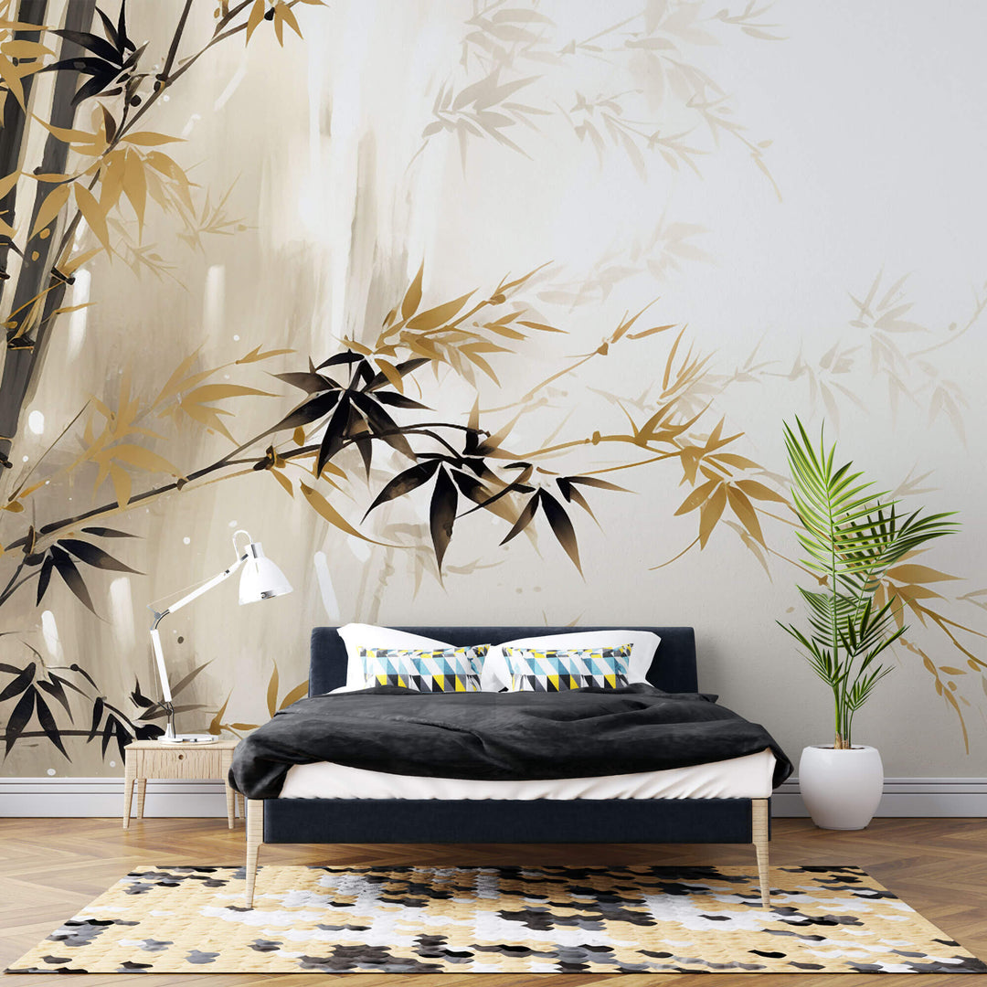 Tapet Zen Oriental cu bambus auriu - FALL BAMBOO