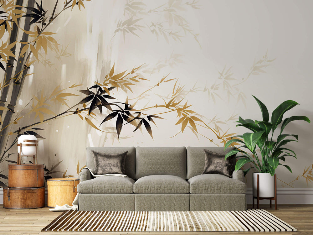 Tapet Zen Oriental cu bambus auriu - FALL BAMBOO