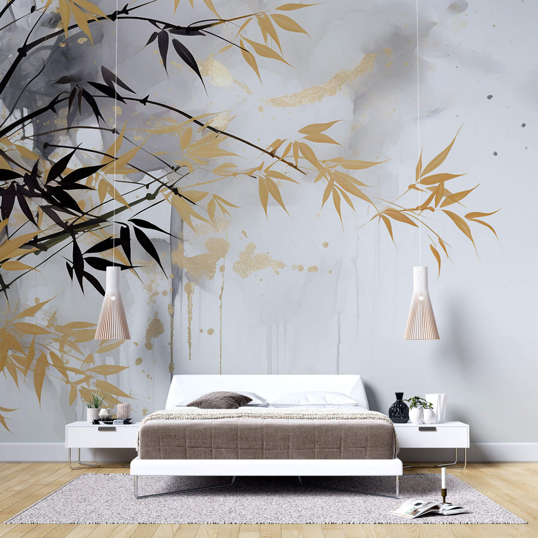 Tapet Zen Oriental cu bambus pictat cu insertii aurii - ARTSY BAMBOO