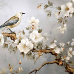 Tapet Zen Oriental cu magnolie alba inflorita si pasari - YULAN MAGNOLIA