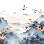 Tapet Zen Oriental cu priveliste montana si prun asiatic inflorit - SAKURA PLUM BLOSSOM