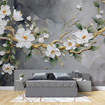 Tapet Zen Oriental cu magnolie alba pictata acrilic pe fundal gri - 3D ACRYLIC MAGNOLIA