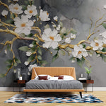Tapet Zen Oriental cu magnolie alba pictata acrilic pe fundal gri - 3D ACRYLIC MAGNOLIA