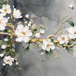 Tapet Zen Oriental cu magnolie alba pictata acrilic pe fundal gri - 3D ACRYLIC MAGNOLIA