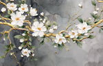 Tapet Zen Oriental cu magnolie alba pictata acrilic pe fundal gri - 3D ACRYLIC MAGNOLIA