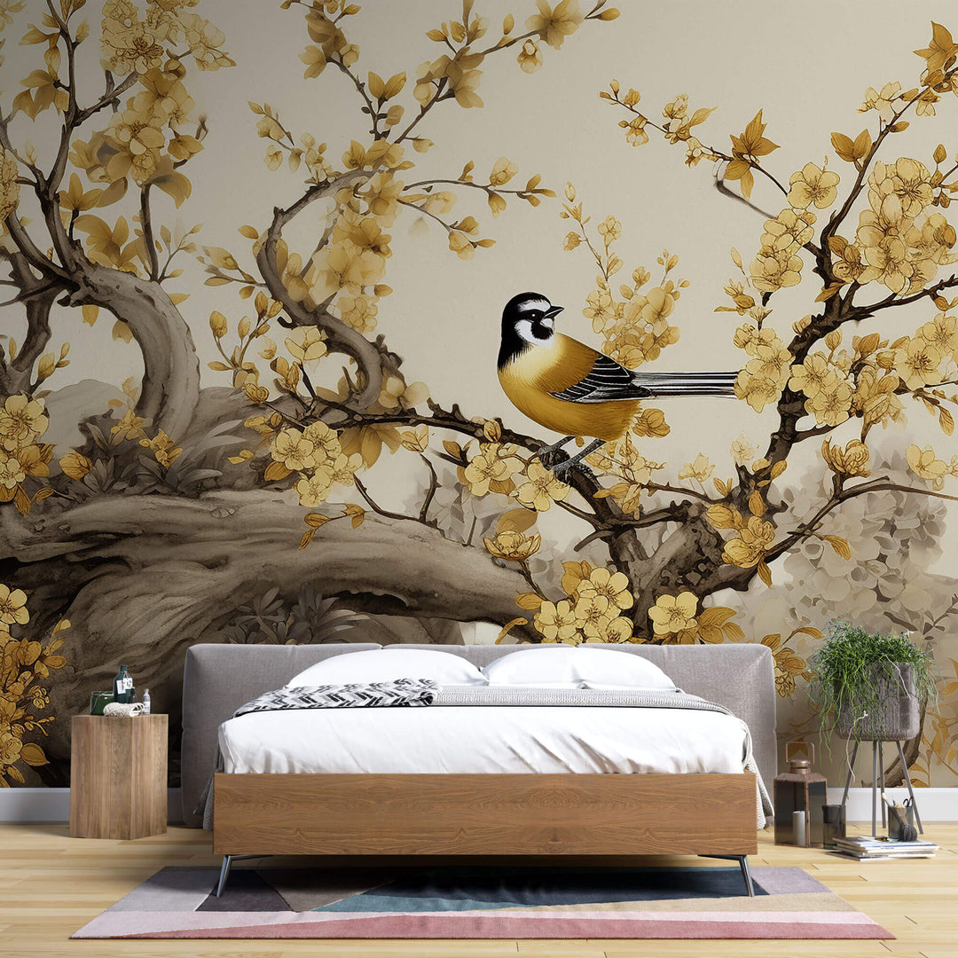 Tapet Zen Oriental cu copaci cu flori galbene mici si pasari - GOLDEN BLOOM
