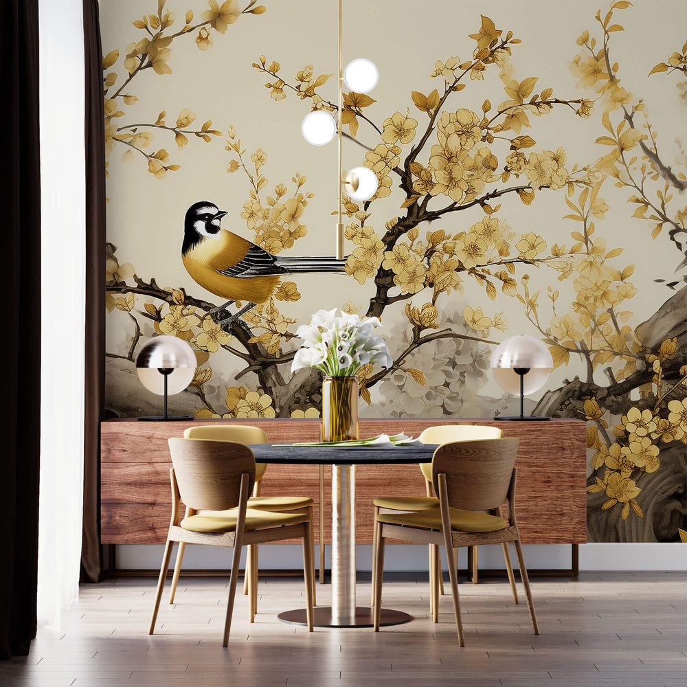 Tapet Zen Oriental cu copaci cu flori galbene mici si pasari - GOLDEN BLOOM