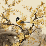 Tapet Zen Oriental cu copaci cu flori galbene mici si pasari - GOLDEN BLOOM