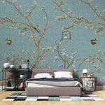 Tapet Zen Oriental cu gradina in stil chinoiserie cu fundal albastru abstract - PURPLE BLOSSOM CHINOISERIE