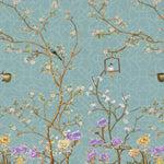 Tapet Zen Oriental cu gradina in stil chinoiserie cu fundal albastru abstract - PURPLE BLOSSOM CHINOISERIE