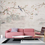 Tapet Zen Oriental cu magnolie roz inflorita si pasari - CHINOISERIE DECO WALL