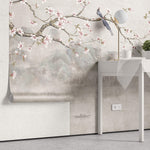 Tapet Zen Oriental cu magnolie roz inflorita si pasari - CHINOISERIE DECO WALL