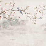 Tapet Zen Oriental cu magnolie roz inflorita si pasari - CHINOISERIE DECO WALL