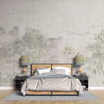 Tapet Zen Oriental cu bambus verde pe fundal texturat crem - ZEN PLASTER WALL