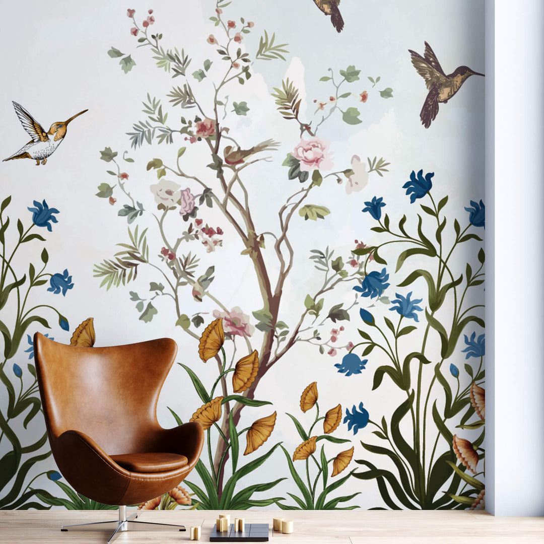 Tapet Zen Oriental cu copaci infloriti si colorati si pasari - DAYTIME HARMONY