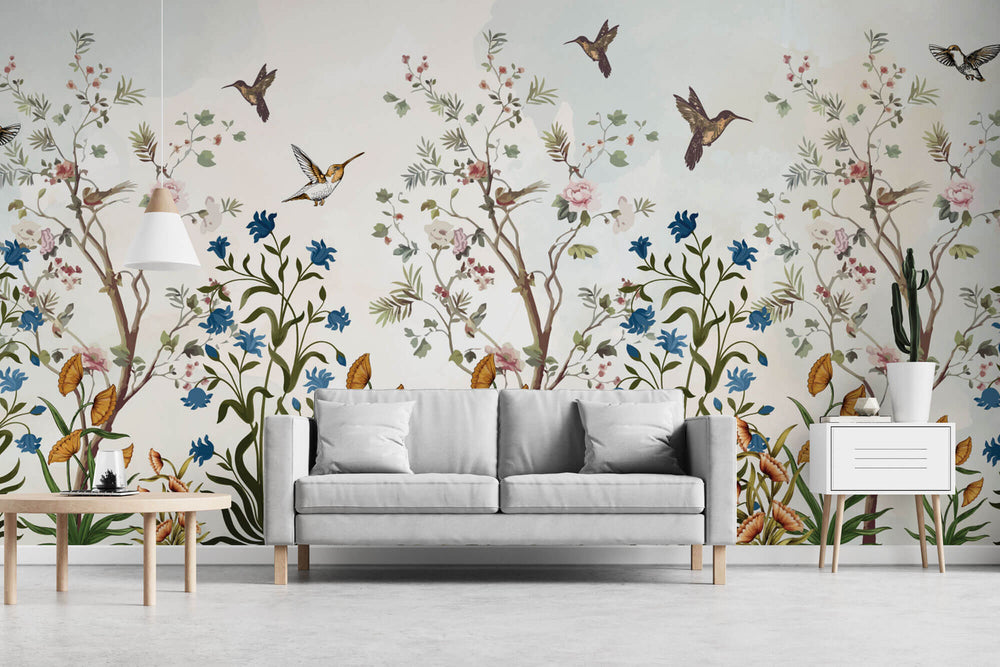 Tapet Zen Oriental cu copaci infloriti si colorati si pasari - DAYTIME HARMONY