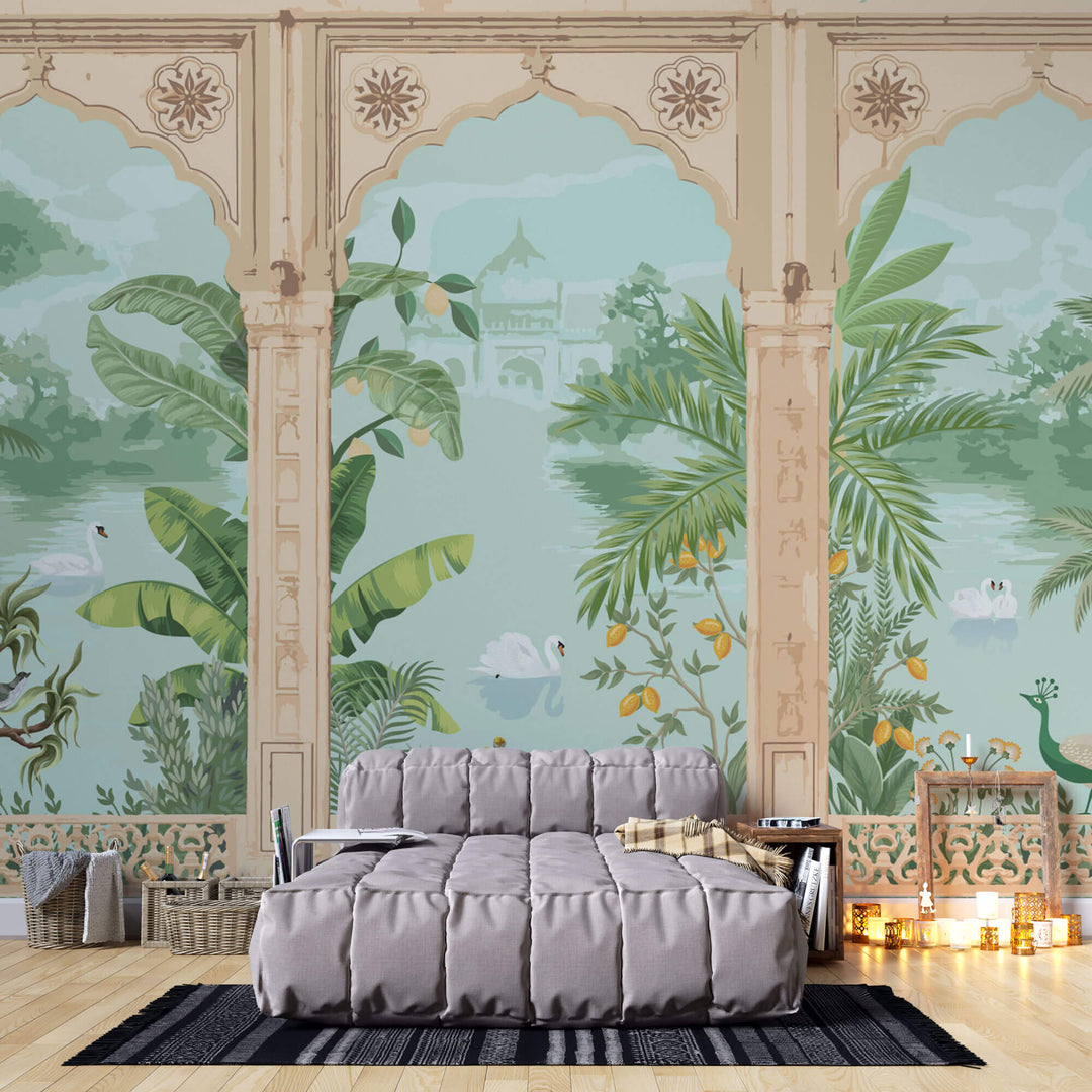 Tapet Zen Oriental cu coloane indiene si pomi fructiferi - KUMQUAT