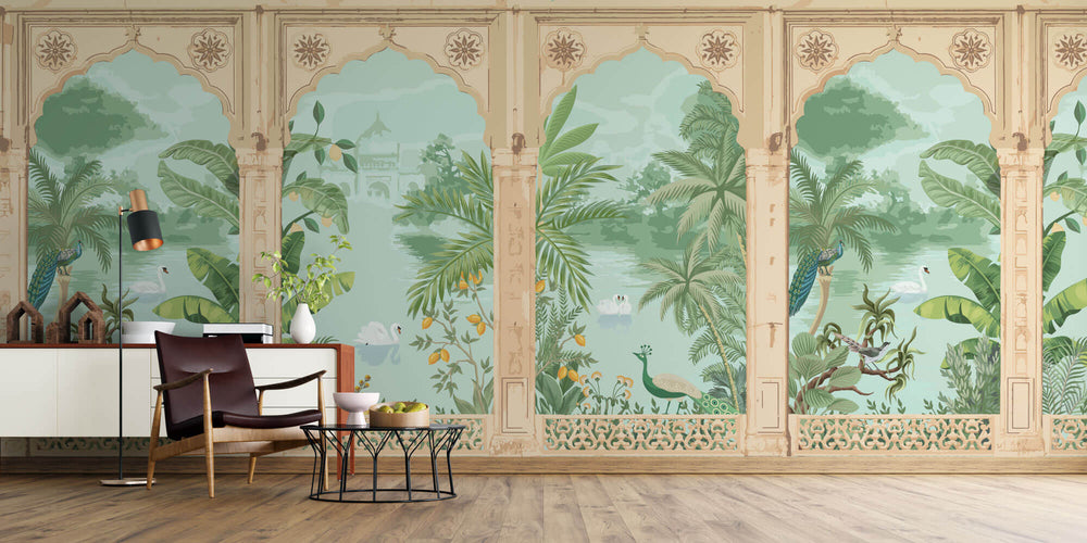 Tapet Zen Oriental cu coloane indiene si pomi fructiferi - KUMQUAT