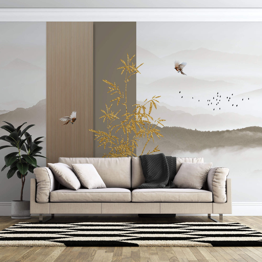 Tapet Zen Oriental cu ilustratie abstracta cu insertii aurii si peisaj montan - ORIENTAL WOOD PANEL