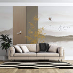 Tapet Zen Oriental cu ilustratie abstracta cu insertii aurii si peisaj montan - ORIENTAL WOOD PANEL