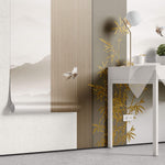 Tapet Zen Oriental cu ilustratie abstracta cu insertii aurii si peisaj montan - ORIENTAL WOOD PANEL