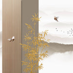 Tapet Zen Oriental cu ilustratie abstracta cu insertii aurii si peisaj montan - ORIENTAL WOOD PANEL