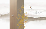 Tapet Zen Oriental cu ilustratie abstracta cu insertii aurii si peisaj montan - ORIENTAL WOOD PANEL