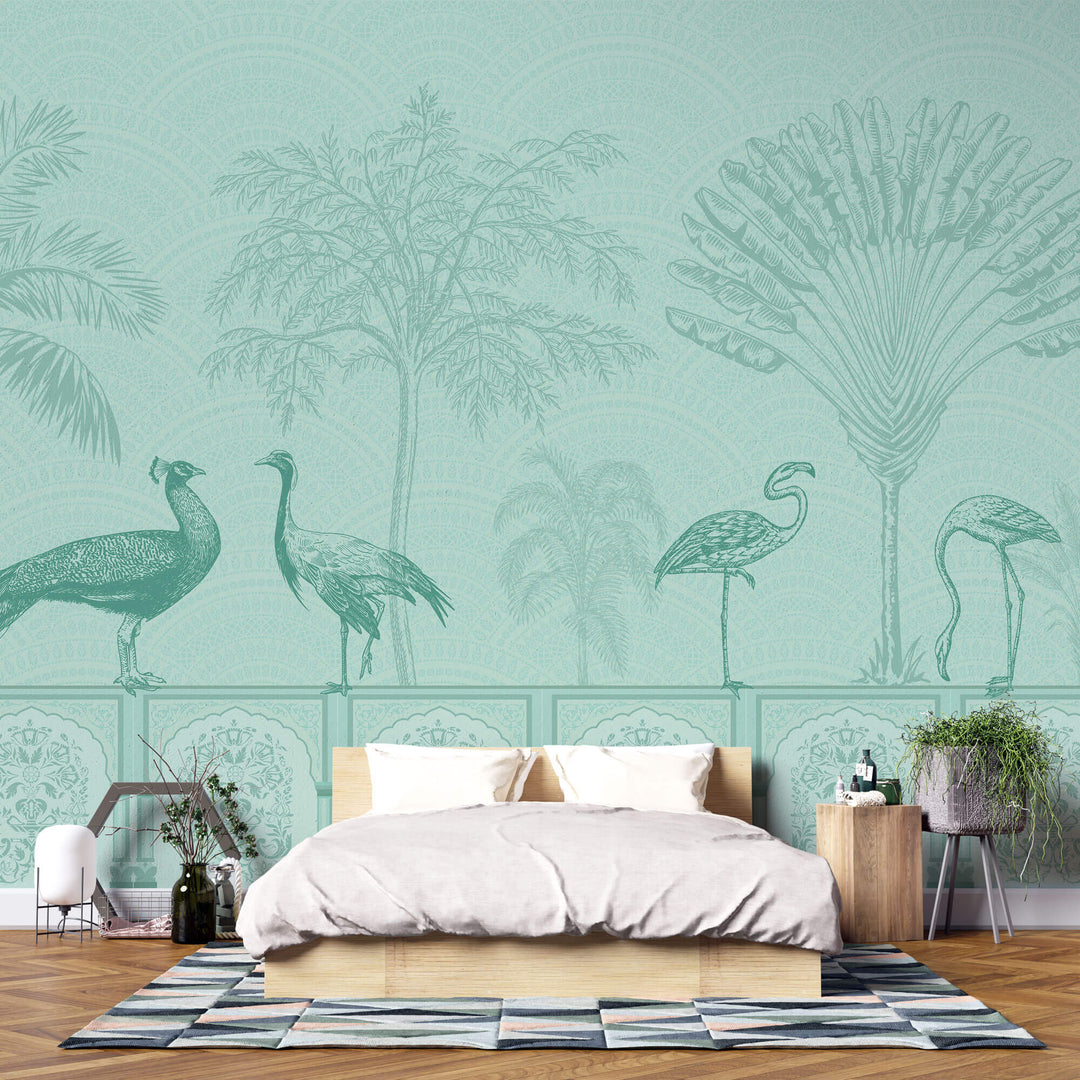 Tapet Zen Oriental cu pauni si pasari orientale intr-un fundal verde - GREEN MUGHAL