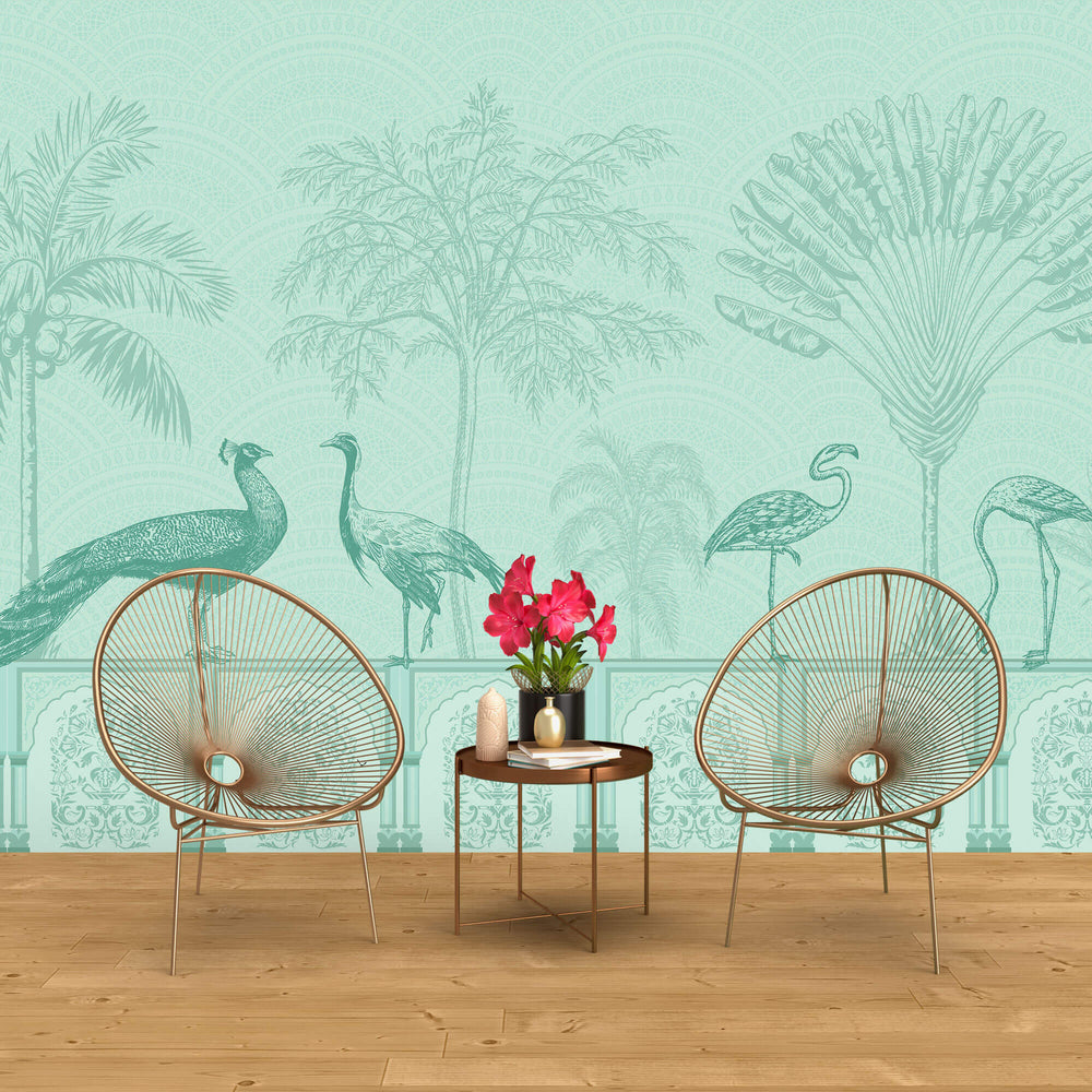 Tapet Zen Oriental cu pauni si pasari orientale intr-un fundal verde - GREEN MUGHAL